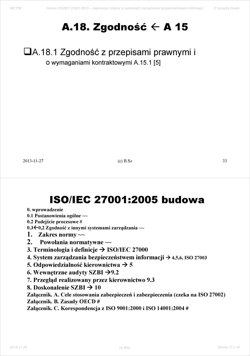 System zarządzania bezpieczeństwem informacji 4,5,6, ISO 27003 5. Odpowiedzialność kierownictwa 5 6. Wewnętrzne audyty SZBI 9.2 7. Przegląd realizowany przez kierownictwo 9.3 8.