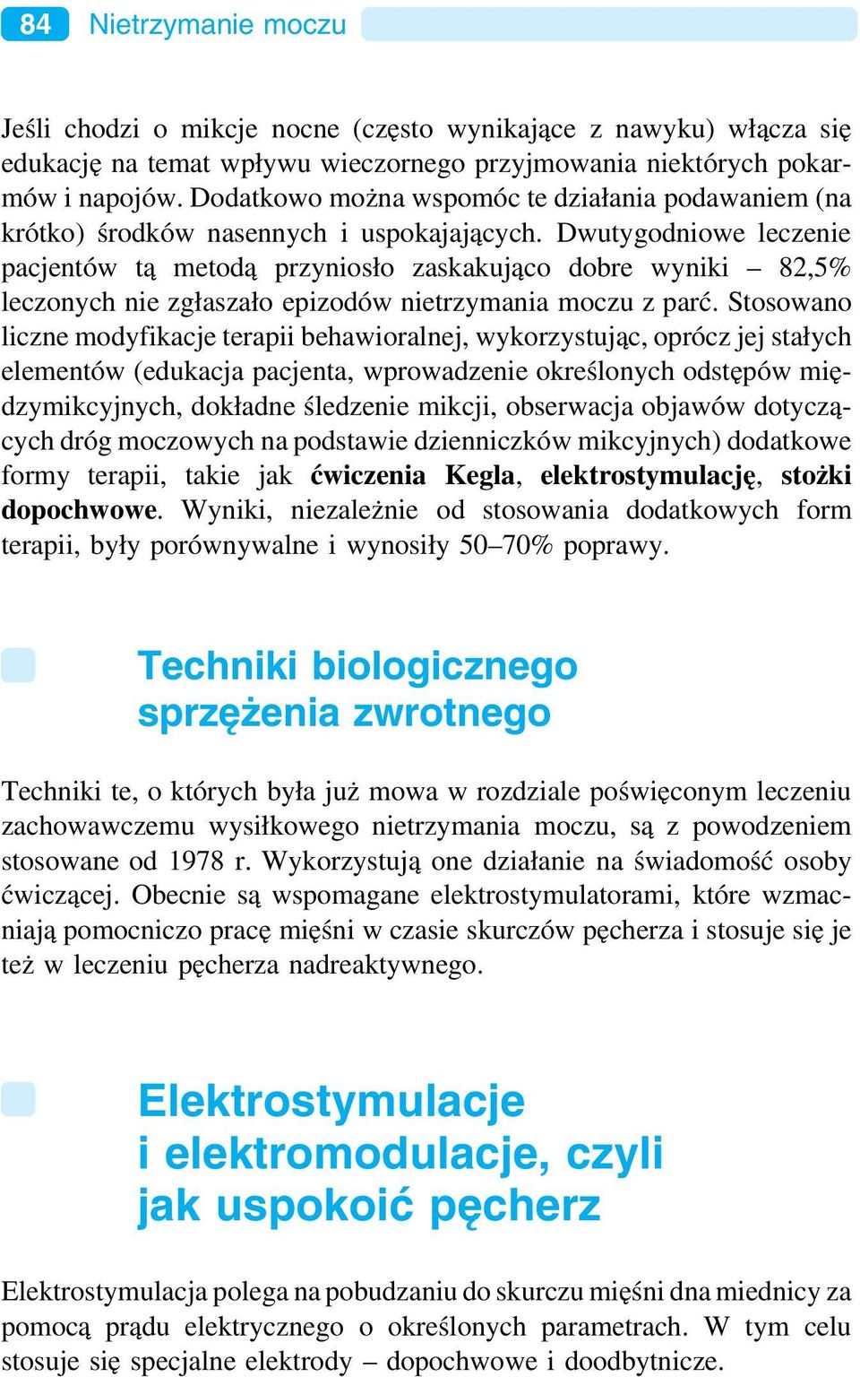 Dwutygodniowe leczenie pacjentów tą metodą przyniosło zaskakująco dobre wyniki 82,5% leczonych nie zgłaszało epizodów nietrzymania moczu z parć.