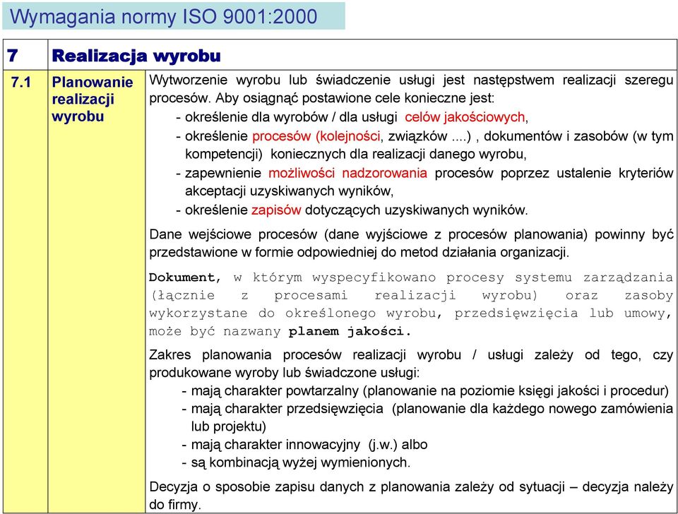 ..), dokumentów i zasobów (w tym kompetencji) koniecznych dla realizacji danego wyrobu, - zapewnienie możliwości nadzorowania procesów poprzez ustalenie kryteriów akceptacji uzyskiwanych wyników, -