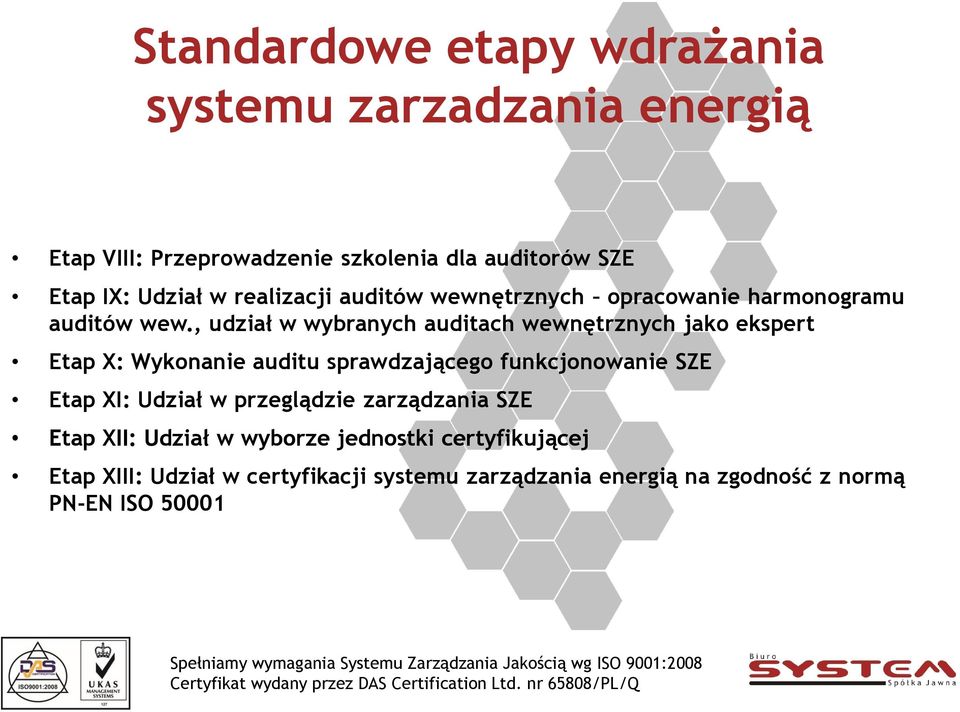 , udział w wybranych auditach wewnętrznych jako ekspert Etap X: Wykonanie auditu sprawdzającego funkcjonowanie SZE Etap XI: