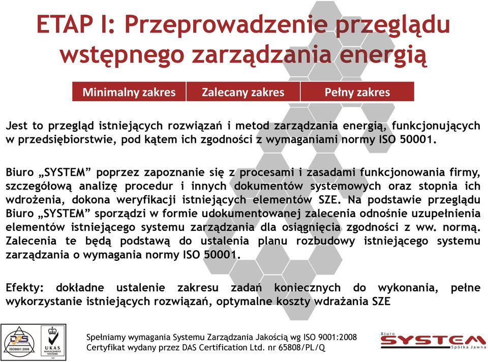 Biuro SYSTEM poprzez zapoznanie się z procesami i zasadami funkcjonowania firmy, szczegółową analizę procedur i innych dokumentów systemowych oraz stopnia ich wdrożenia, dokona weryfikacji