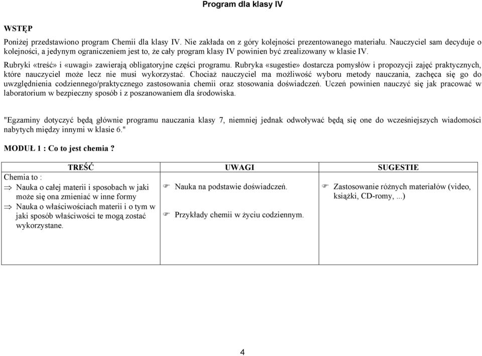 Rubryki «treść» i «uwagi» zawierają obligatoryjne części programu. Rubryka «sugestie» dostarcza pomysłów i propozycji zajęć praktycznych, które nauczyciel może lecz nie musi wykorzystać.