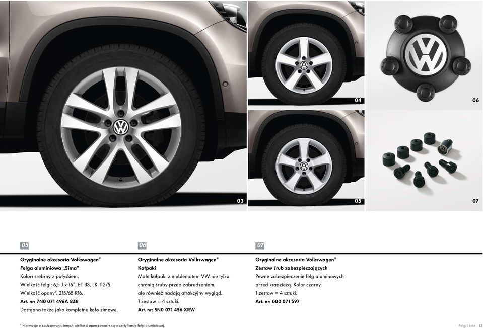 Kołpaki Małe kołpaki z emblematem VW nie tylko chronią śruby przed zabrudzeniem, ale również nadają atrakcyjny wygląd. 1 zestaw = 4 sztuki. Art.