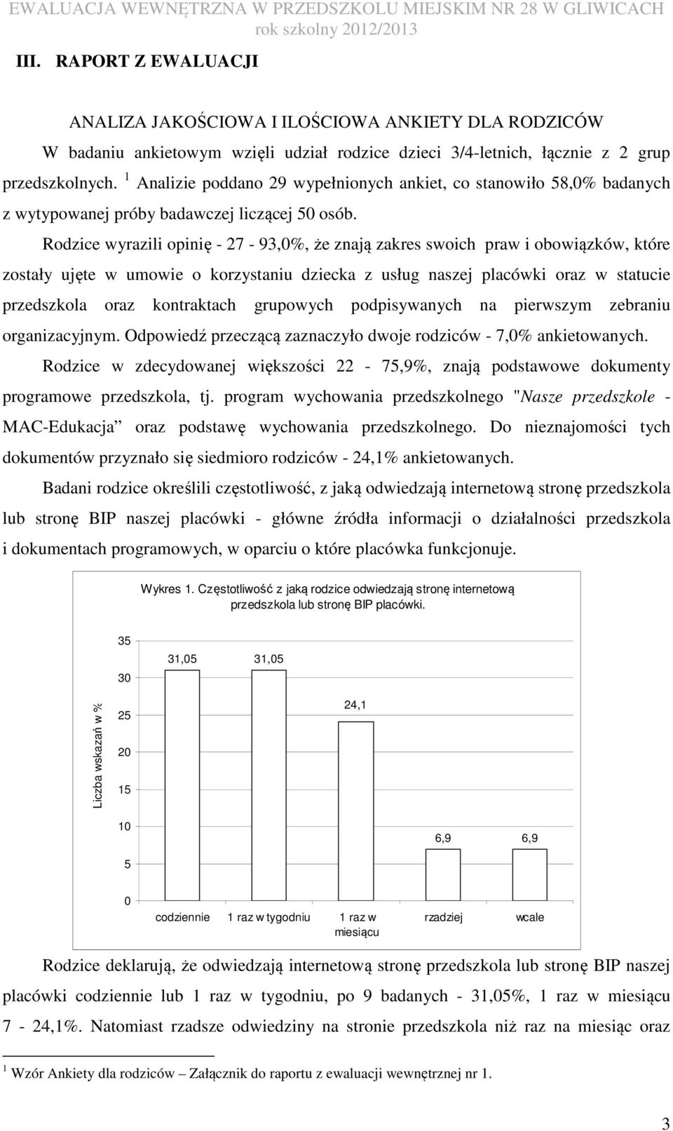 Rodzice wyrazili opinię - 27-93,0%, że znają zakres swoich praw i obowiązków, które zostały ujęte w umowie o korzystaniu dziecka z usług naszej placówki oraz w statucie przedszkola oraz kontraktach