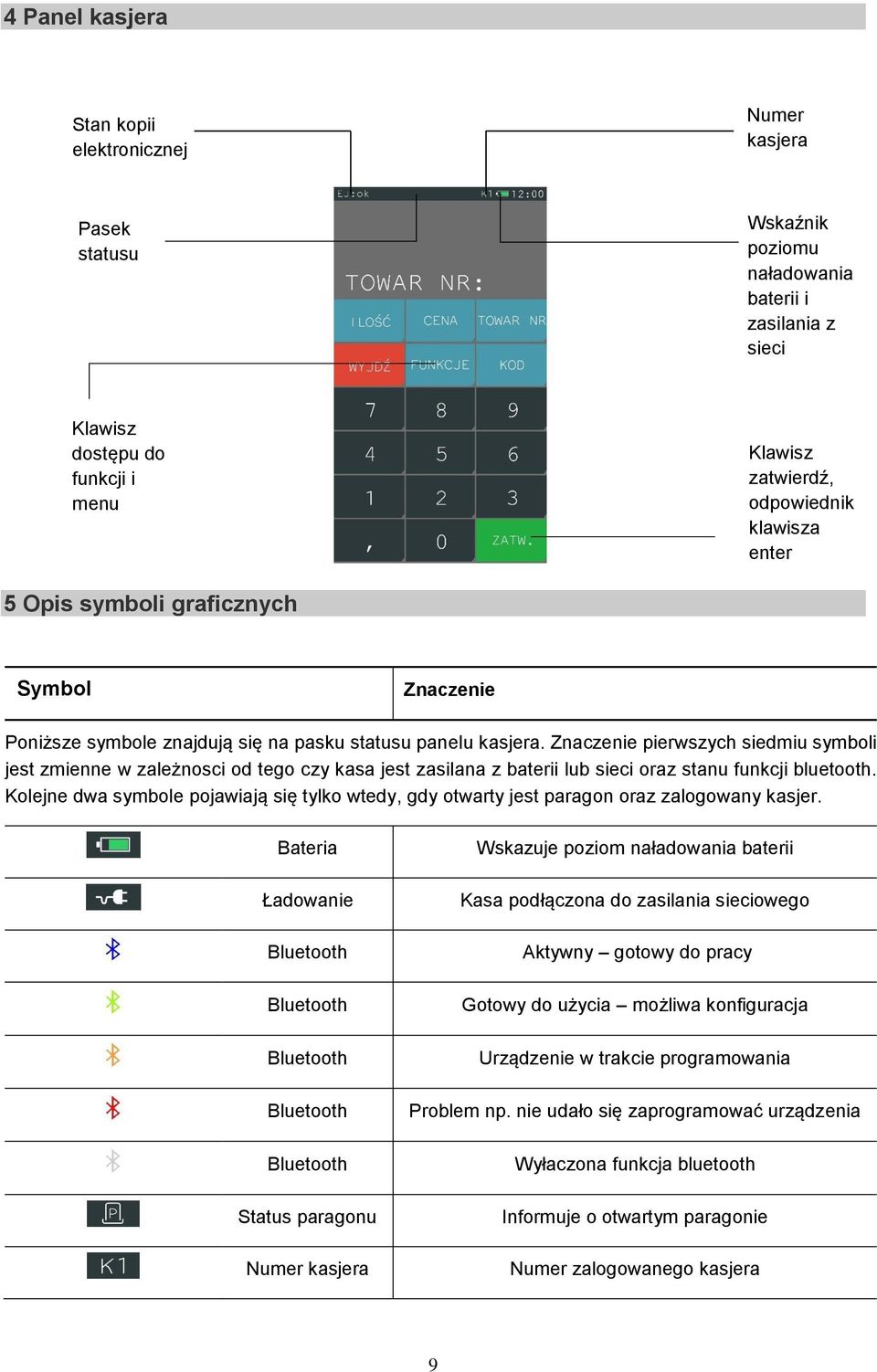 Znaczenie pierwszych siedmiu symboli jest zmienne w zależnosci od tego czy kasa jest zasilana z baterii lub sieci oraz stanu funkcji bluetooth.