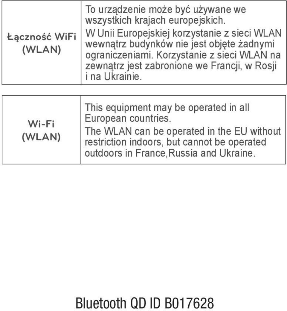 Korzystanie z sieci WLAN na zewnątrz jest zabronione we Francji, w Rosji i na Ukrainie.