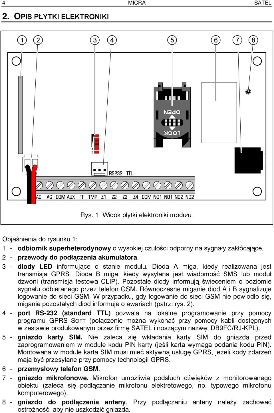 Dioda B miga, kiedy wysyłana jest wiadomość SMS lub moduł dzwoni (transmisja testowa CLIP). Pozostałe diody informują świeceniem o poziomie sygnału odbieranego przez telefon GSM.
