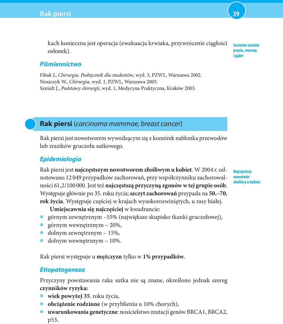 Leczenie urazów prącia, moszny i jąder Rak piersi (carcinoma mammae, breast cancer) Rak piersi jest nowotworem wywodzącym się z komórek nabłonka przewodów lub zrazików gruczołu sutkowego.