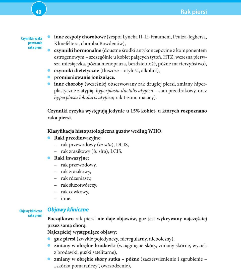 promieniowanie jonizujące, inne choroby (wcześniej obserwowany rak drugiej piersi, zmiany hiperplastyczne z atypią: hyperplasia ductalis atypica stan przedrakowy, oraz hyperplasia lobularis atypica;