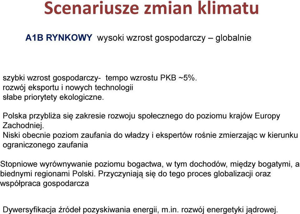 Niski obecnie poziom zaufania do władzy i ekspertów rośnie zmierzając w kierunku ograniczonego zaufania Stopniowe wyrównywanie poziomu bogactwa, w tym