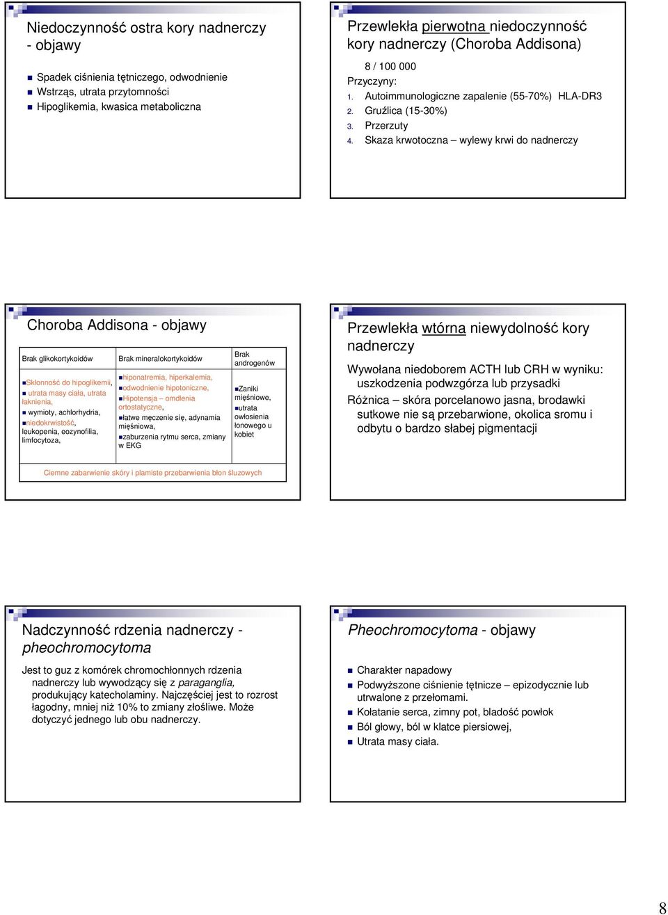 Skaza krwotoczna wylewy krwi do nadnerczy Choroba Addisona objawy Brak glikokortykoidów Skłonność do hipoglikemii, utrata masy ciała, utrata łaknienia, wymioty, achlorhydria, niedokrwistość,