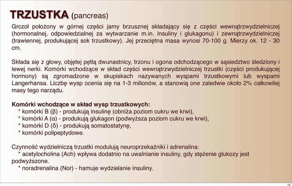 Składa się z głowy, objętej pętlą dwunastnicy, trzonu i ogona odchodzącego w sąsiedztwo śledziony i lewej nerki.