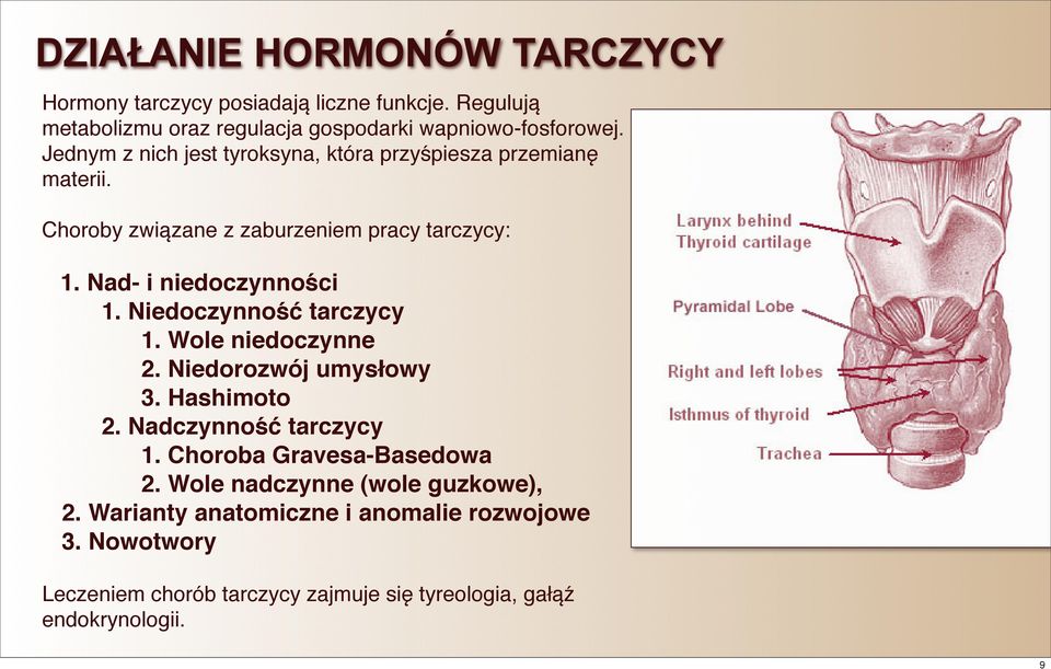 Niedoczynność tarczycy 1. Wole niedoczynne 2. Niedorozwój umysłowy 3. Hashimoto 2. Nadczynność tarczycy 1. Choroba Gravesa-Basedowa 2.