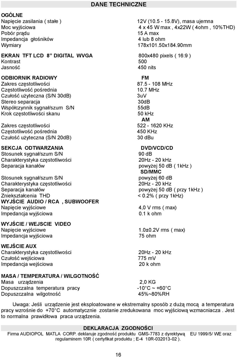 90mm EKRAN TFT LCD 8 DIGITAL WVGA Kontrast Jasność 800x480 pixels ( 16:9 ) 500 450 nits ODBIORNIK RADIOWY Zakres częstotliwości Częstotliwość pośrednia Czułość użyteczna (S/N 30dB) Stereo separacja