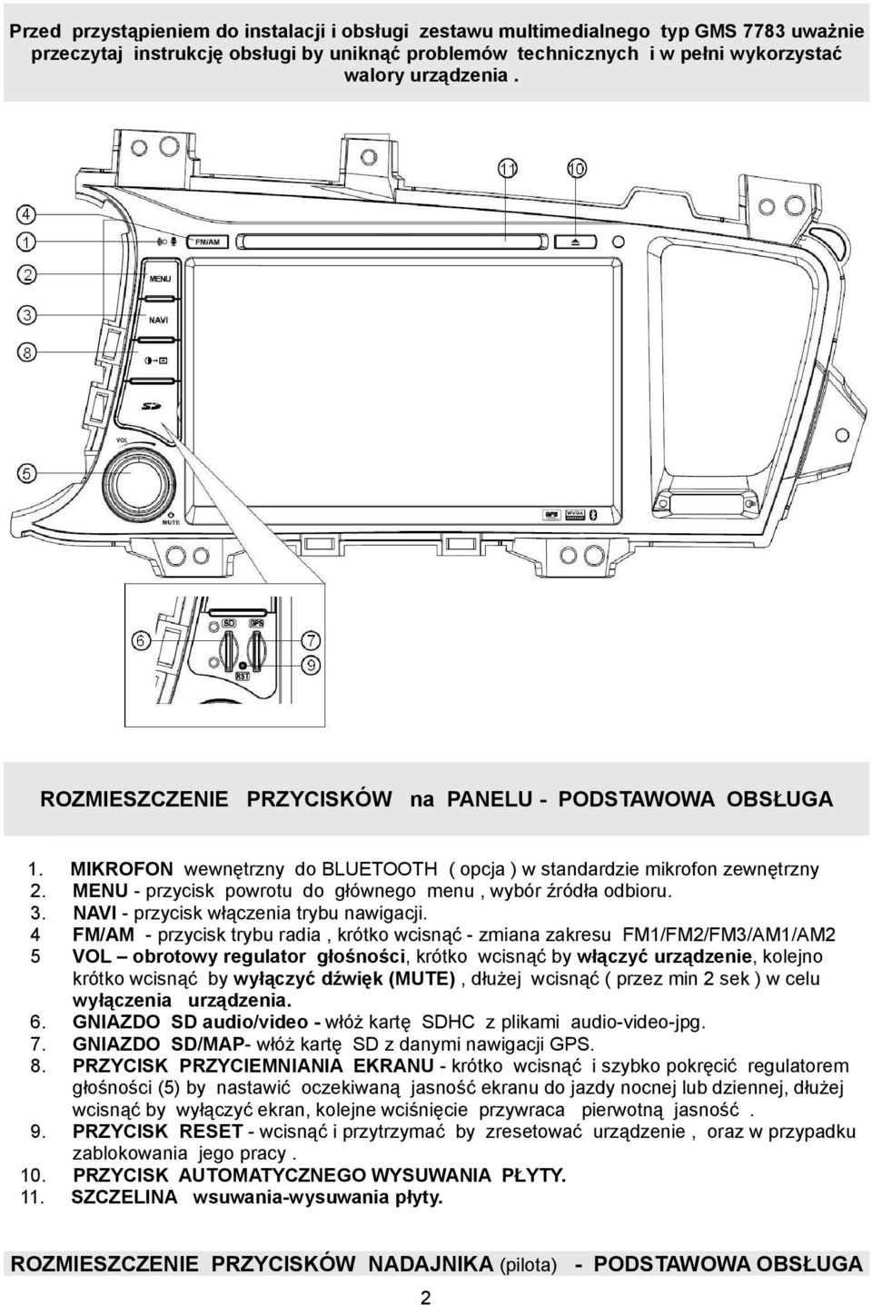MIKROFON wewnętrzny do BLUETOOTH ( opcja ) w standardzie mikrofon zewnętrzny MENU - przycisk powrotu do głównego menu, wybór źródła odbioru. NAVI - przycisk włączenia trybu nawigacji.