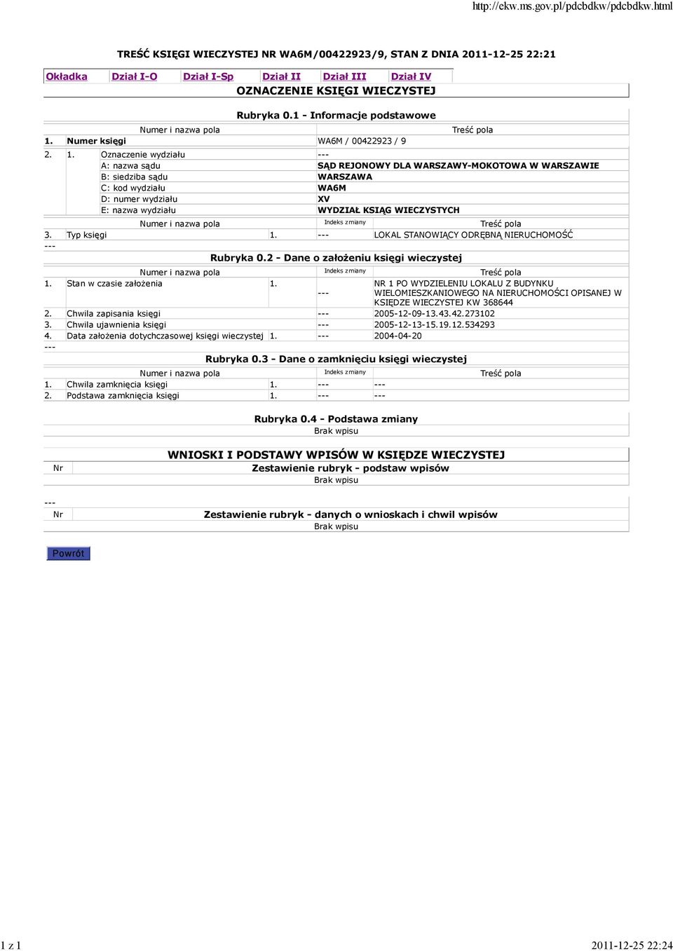 Numer księgi WA6M / 00422923 / 9 2. 1.