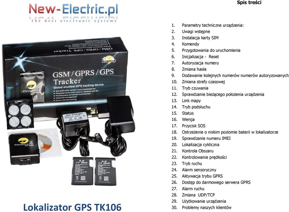 Link mapy 14. Tryb podsłuchu 15. Status 16. Wersja 17. Przycisk SOS 18. Ostrzeżenie o niskim poziomie baterii w lokalizatorze 19. Sprawdzanie numeru IMEI 20. Lokalizacja cykliczna 21.