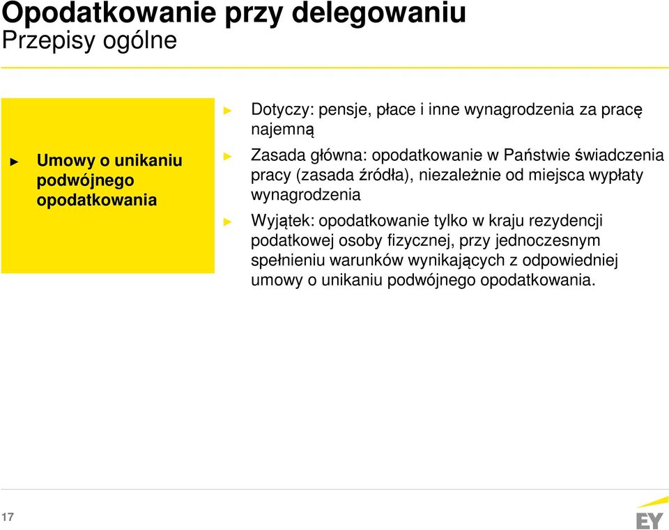 niezależnie od miejsca wypłaty wynagrodzenia Wyjątek: opodatkowanie tylko w kraju rezydencji podatkowej osoby