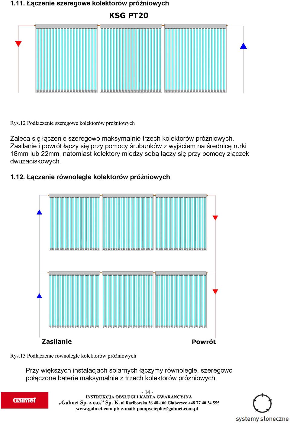 Zasilanie i powrót łączy się przy pomocy śrubunków z wyjściem na średnicę rurki 18mm lub 22mm, natomiast kolektory miedzy sobą łączy się przy pomocy