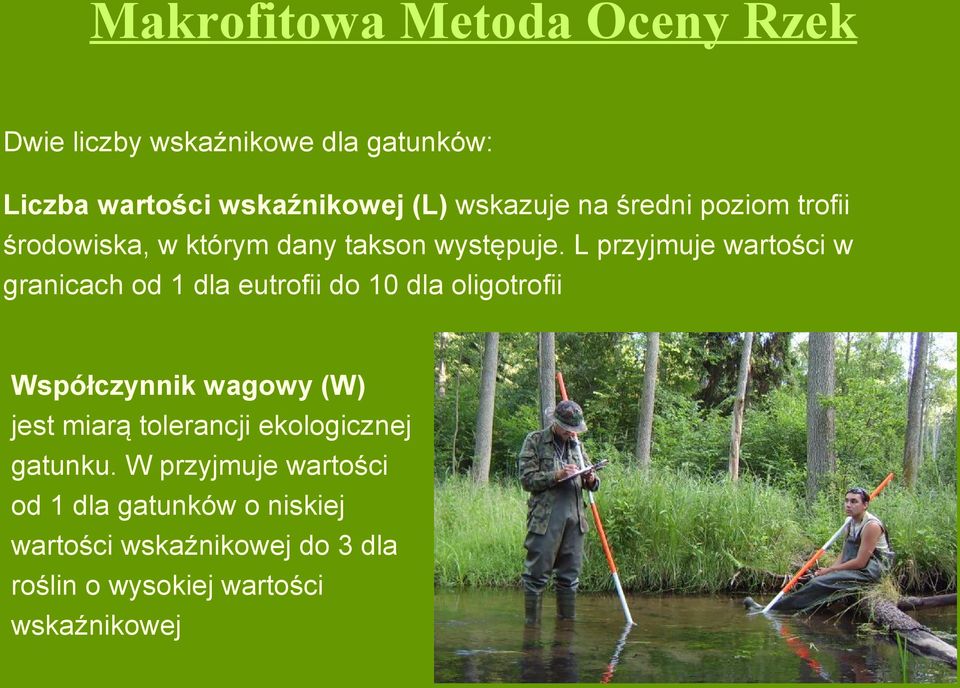 L przyjmuje wartości w granicach od 1 dla eutrofii do 10 dla oligotrofii Współczynnik wagowy (W) jest miarą