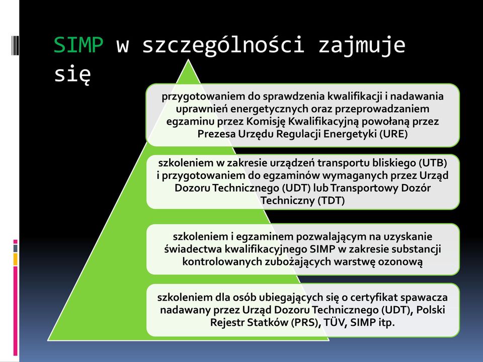 Technicznego (UDT) lub Transportowy Dozór Techniczny (TDT) szkoleniem i egzaminem pozwalającym na uzyskanie świadectwa kwalifikacyjnego SIMP w zakresie substancji