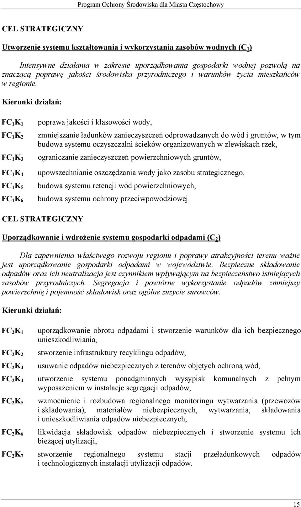 Kierunki działań: FC 1 K 1 FC 1 K 2 FC 1 K 3 FC 1 K 4 FC 1 K 5 FC 1 K 6 poprawa jakości i klasowości wody, zmniejszanie ładunków zanieczyszczeń odprowadzanych do wód i gruntów, w tym budowa systemu