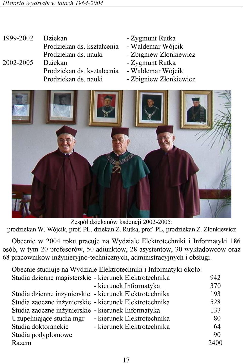 nauki - Zbigniew Złonkiewicz Zespół dziekanów kadencji 2002-2005: prodziekan W. Wójcik, prof. PL, dziekan Z. Rutka, prof. PL, prodziekan Z.