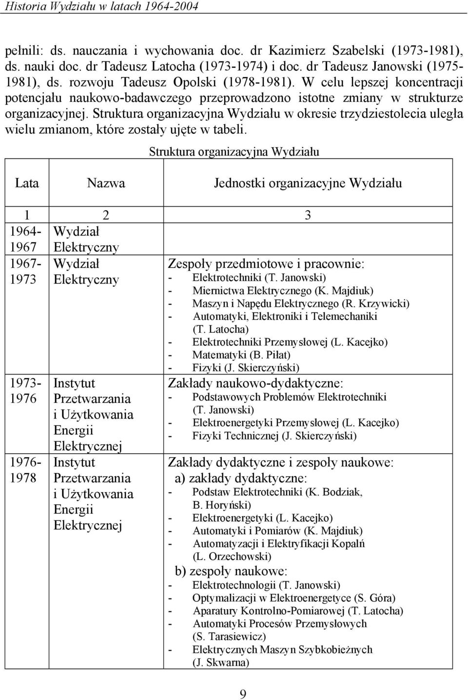 Struktura organizacyjna Wydziału w okresie trzydziestolecia uległa wielu zmianom, które zostały ujęte w tabeli.