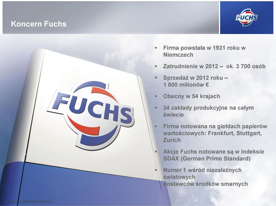 świecie Firma notowana na giełdach papierów wartościowych: Frankfurt, Stuttgart, Zurich Akcje Fuchs