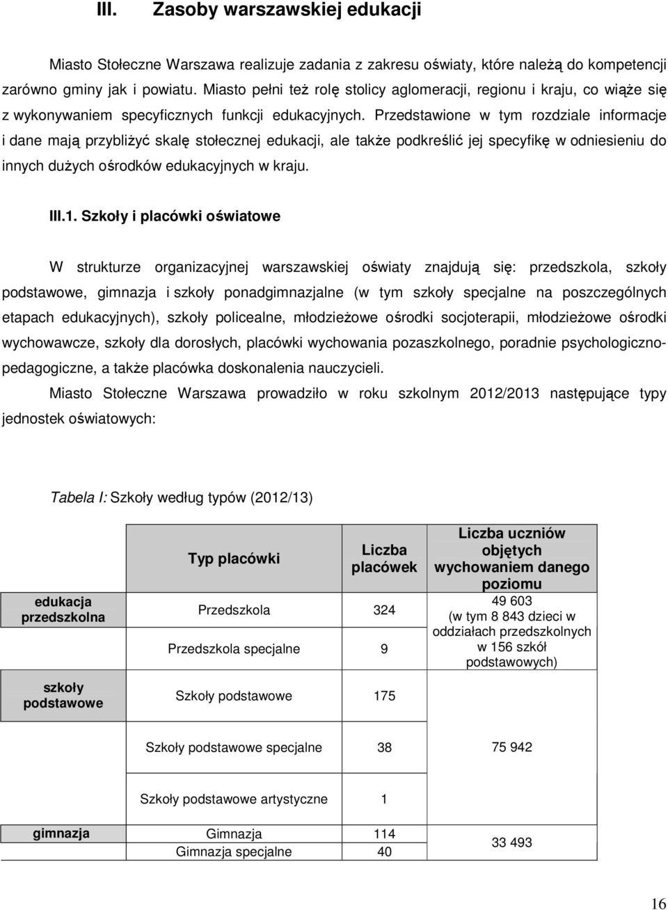 Przedstawione w tym rozdziale informacje i dane mają przybliżyć skalę stołecznej edukacji, ale także podkreślić jej specyfikę w odniesieniu do innych dużych ośrodków edukacyjnych w kraju. III.1.