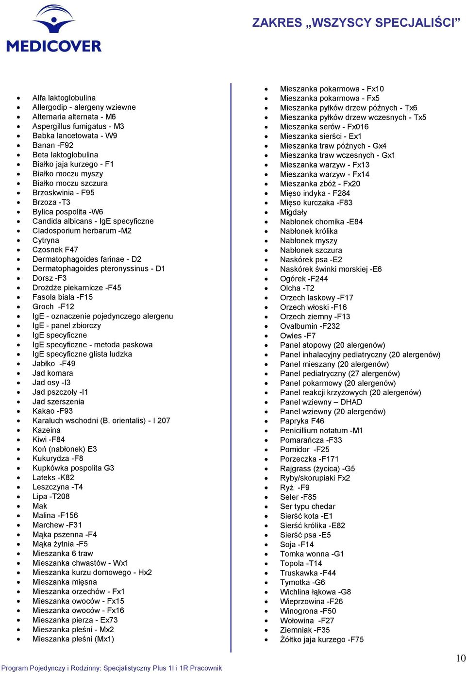 Dermatophagoides farinae - D2 Dermatophagoides pteronyssinus - D1 Dorsz -F3 Drożdże piekarnicze -F45 Fasola biala -F15 Groch -F12 IgE - oznaczenie pojedynczego alergenu IgE - panel zbiorczy IgE