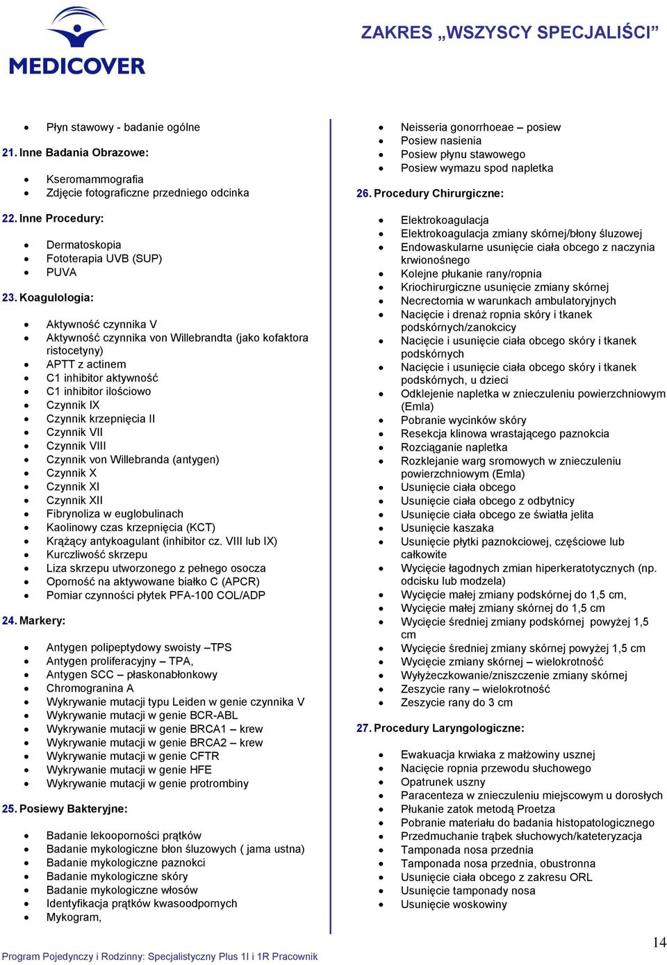 Markery: Aktywność czynnika V Aktywność czynnika von Willebrandta (jako kofaktora ristocetyny) APTT z actinem C1 inhibitor aktywność C1 inhibitor ilościowo Czynnik IX Czynnik krzepnięcia II Czynnik