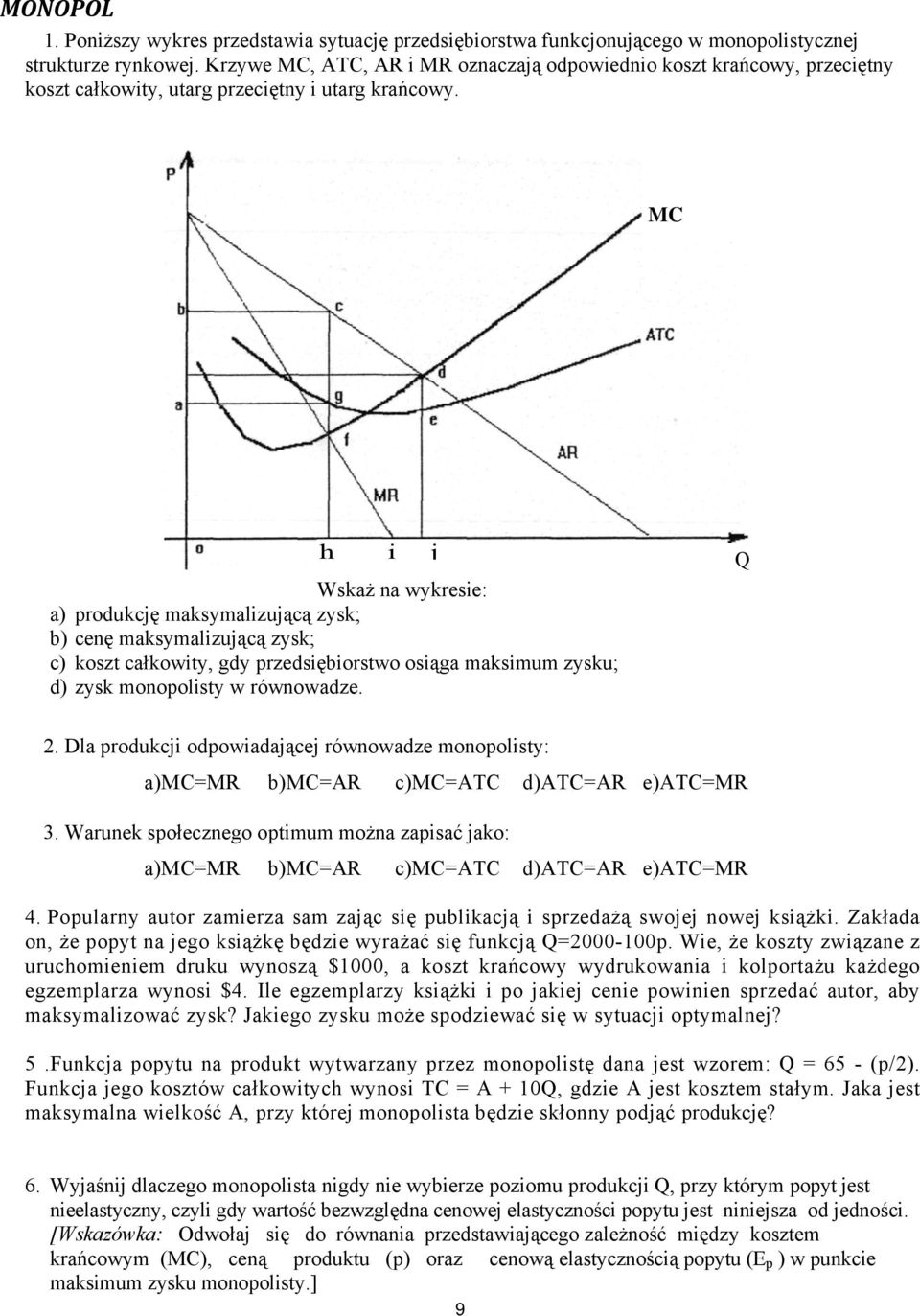 MC Wskaż na wykresie: a) produkcję maksymalizującą zysk; b) cenę maksymalizującą zysk; c) koszt całkowity, gdy przedsiębiorstwo osiąga maksimum zysku; d) zysk monopolisty w równowadze. 2.