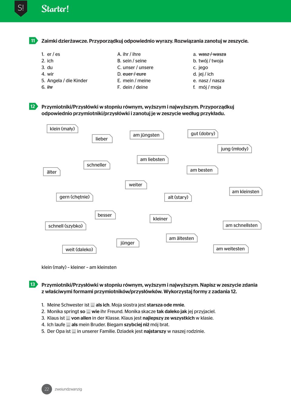 mój / moja 12 Przymiotniki/Przysłówki w stopniu równym, wyższym i najwyższym. Przyporządkuj odpowiednio przymiotniki/przysłówki i zanotuj je w zeszycie według przykładu.