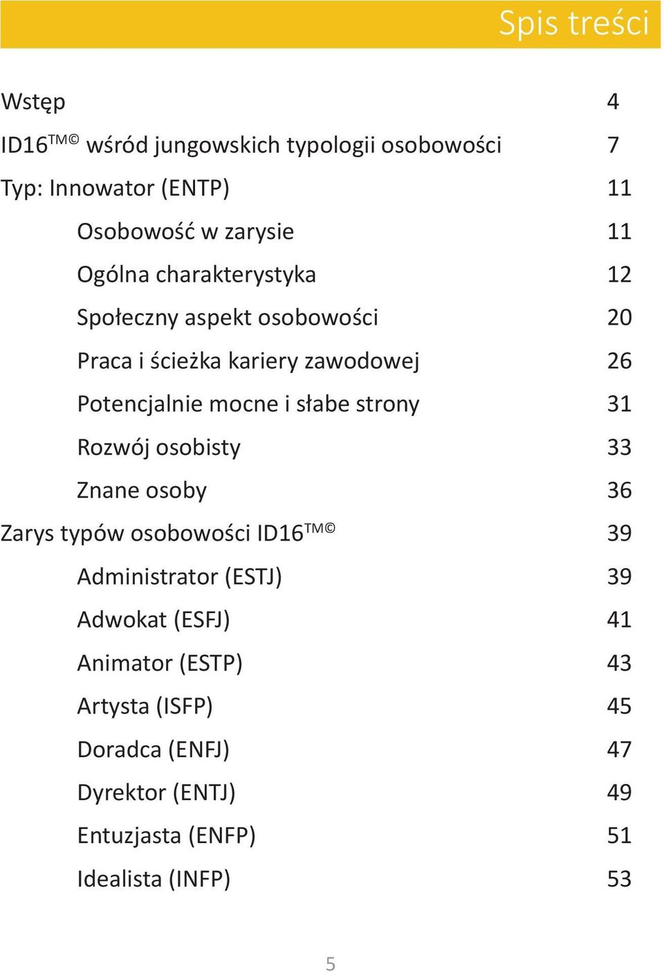 słabe strony 31 Rozwój osobisty 33 Znane osoby 36 Zarys typów osobowości ID16 TM 39 Administrator (ESTJ) 39 Adwokat
