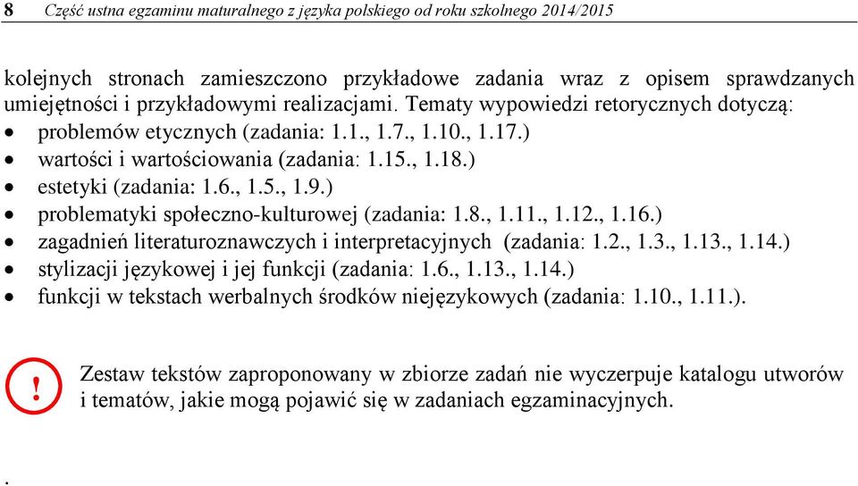 ) problematyki społeczno-kulturowej (zadania: 1.8., 1.11., 1.12., 1.16.) zagadnień literaturoznawczych i interpretacyjnych (zadania: 1.2., 1.3., 1.13., 1.14.