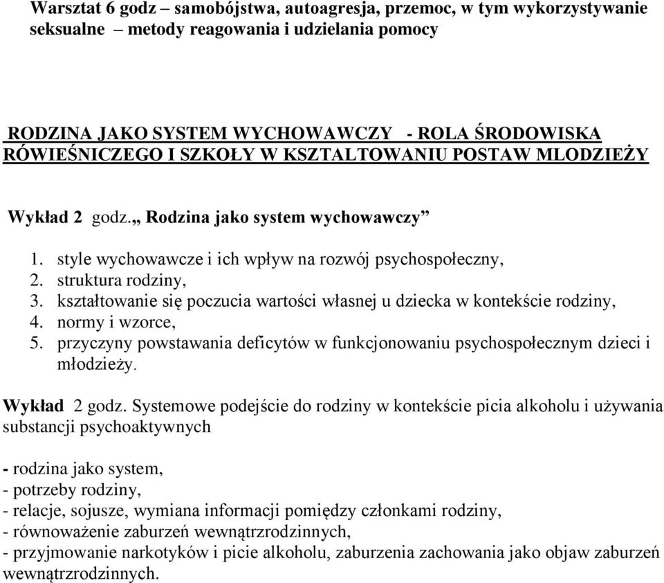 kształtowanie się poczucia wartości własnej u dziecka w kontekście rodziny, 4. normy i wzorce, 5. przyczyny powstawania deficytów w funkcjonowaniu psychospołecznym dzieci i młodzieży. Wykład 2 godz.