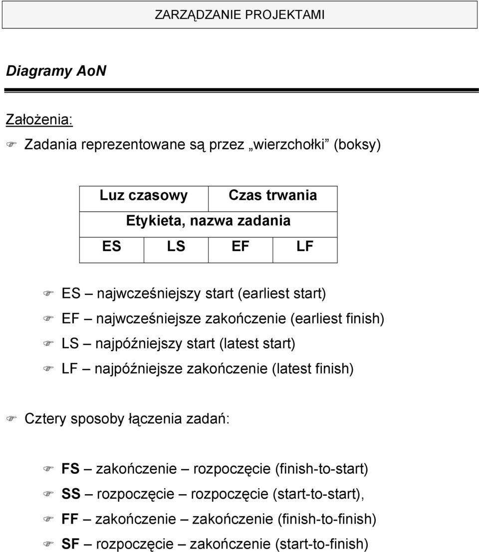 start) LF najpóźniejsze zakończenie (latest finish) Cztery sposoby łączenia zadań: FS zakończenie rozpoczęcie (finish-to-start) SS