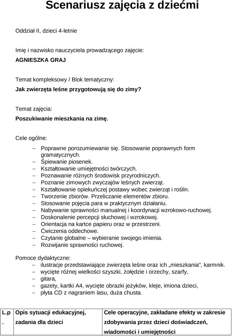 Poznawanie różnych środowisk przyrodniczych. Poznanie zimowych zwyczajów leśnych zwierząt. Kształtowanie opiekuńczej postawy wobec zwierząt i roślin. Tworzenie zbiorów. Przeliczanie elementów zbioru.