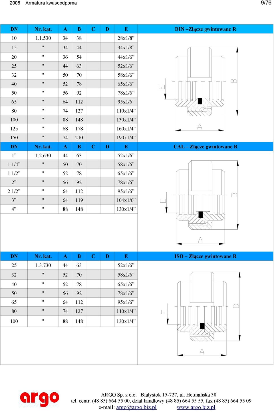 100 '' 88 148 130x1/4 125 '' 68 178 160x1/4 150 '' 74 210 190x1/4 DN Nr. kat. A B C D E CAL Złącze gwintowane R 1 1.2.630 44 63 52x1/6 1 1/4 '' 50 70 58x1/6 1 1/2 '' 52 78 65x1/6 2 '' 56 92 78x1/6 2 1/2 '' 64 112 95x1/6 3 '' 64 119 104x1/6 4 '' 88 148 130x1/4 DN Nr.