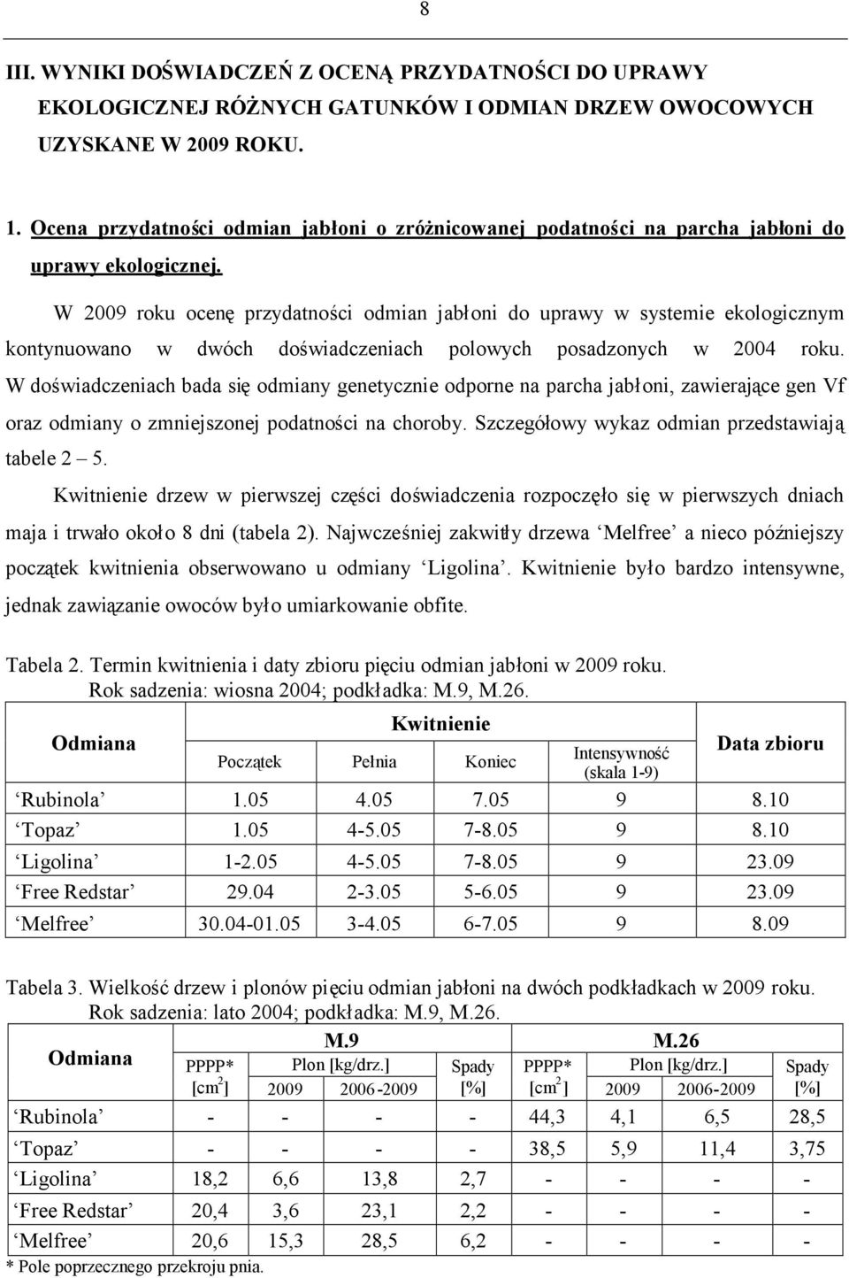 W 2009 roku ocenęprzydatności odmian jabłoni do uprawy w systemie ekologicznym kontynuowano w dwóch doświadczeniach polowych posadzonych w 2004 roku.