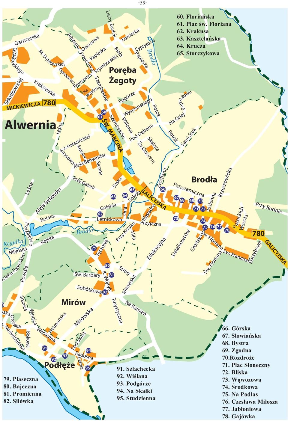 Dąbrowskiej Rajska Wapienna 91 Leśna 92 Mirów 93 Jutrzenki Ogrodowa Irysowa Hetmańska Podłęże Pod Skałą Radosna Letnia Owocowa Przecznica Reymonta Anielec s. J. Hałacińskiej 94 95 Papieska 79 60 61 Aleja Belwender Przy Galerii Szembeków Na Wzgórzu 62 Św.