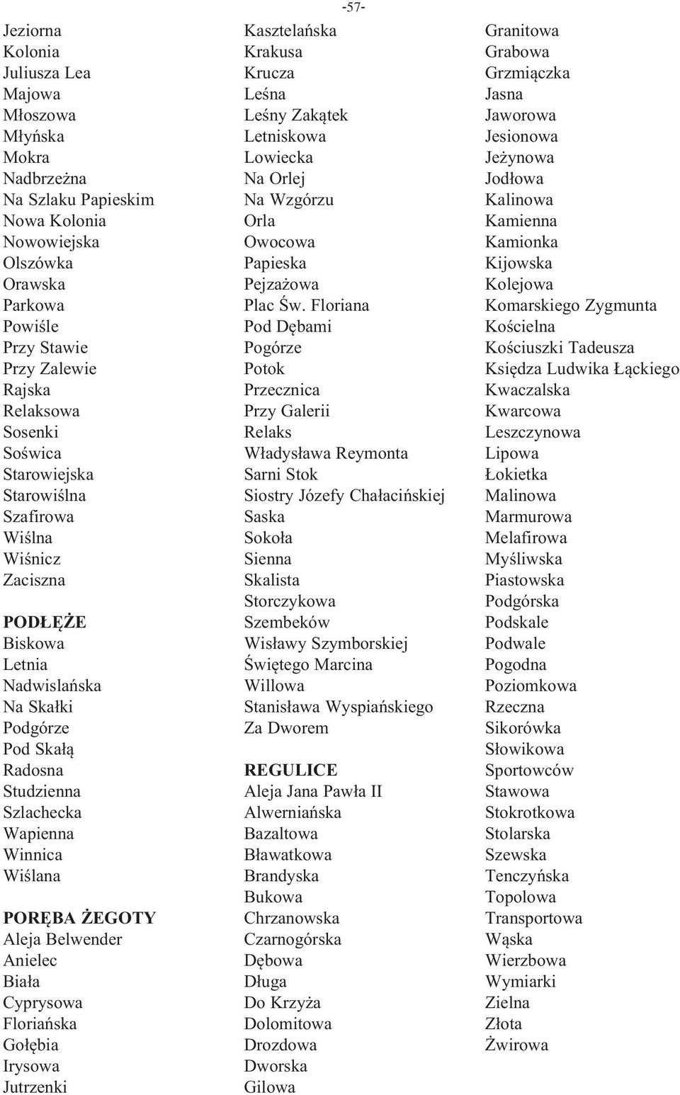 ŻEGOTY Aleja Belwender Anielec Biała Cyprysowa Floriańska Gołębia Irysowa Jutrzenki -57- Kasztelańska Krakusa Krucza Leśna Leśny Zakątek Letniskowa Lowiecka Na Orlej Na Wzgórzu Orla Owocowa Papieska