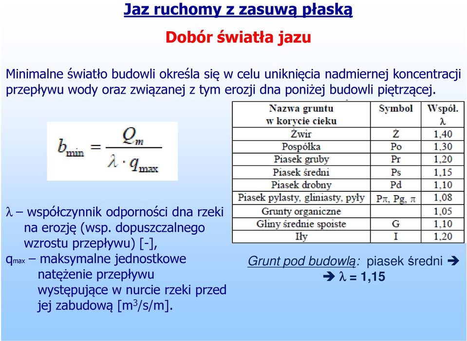 λ współczynnik odporności dna rzeki na erozję (wsp.