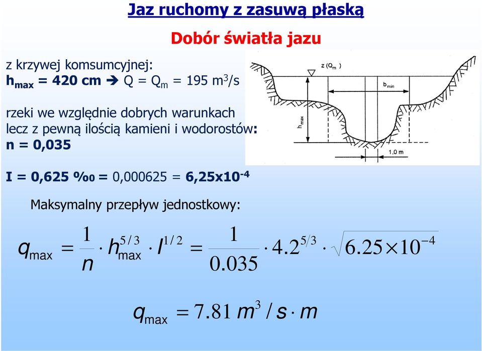 dobrych warunkach lecz z pewną ilością kamieni i wodorostów: n = 0,035 I = 0,65 %0 =