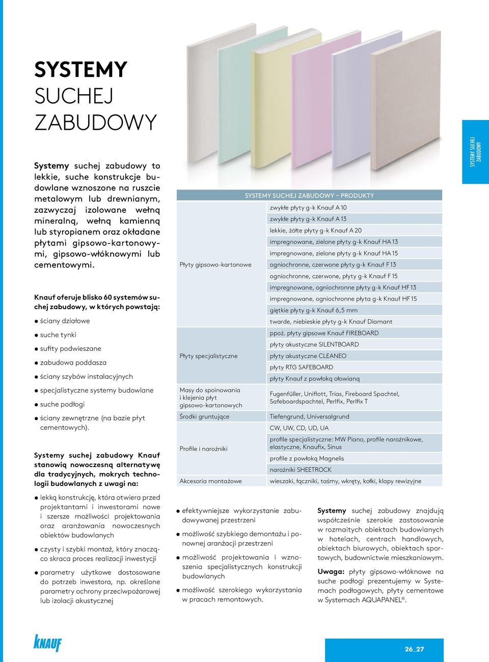 Knauf oferuje blisko 60 systemów suchej zabudowy, w których powstają: ściany działowe suche tynki sufity podwieszane zabudowa poddasza ściany szybów instalacyjnych specjalistyczne systemy budowlane