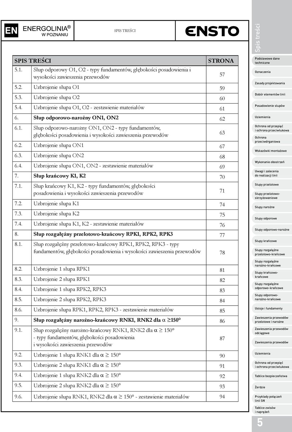 2. Uzbrojenie słupa ON1 67 6.3. Uzbrojenie słupa ON2 68 6.4. Uzbrojenie słupa ON1, ON2 - zestawienie materiałów 69 7. Słup krańcowy K1, K2 70 7.1. Słup krańcowy K1, K2 - typy fundamentów, głębokości posadowienia i wysokości zawieszenia przewodów 71 7.