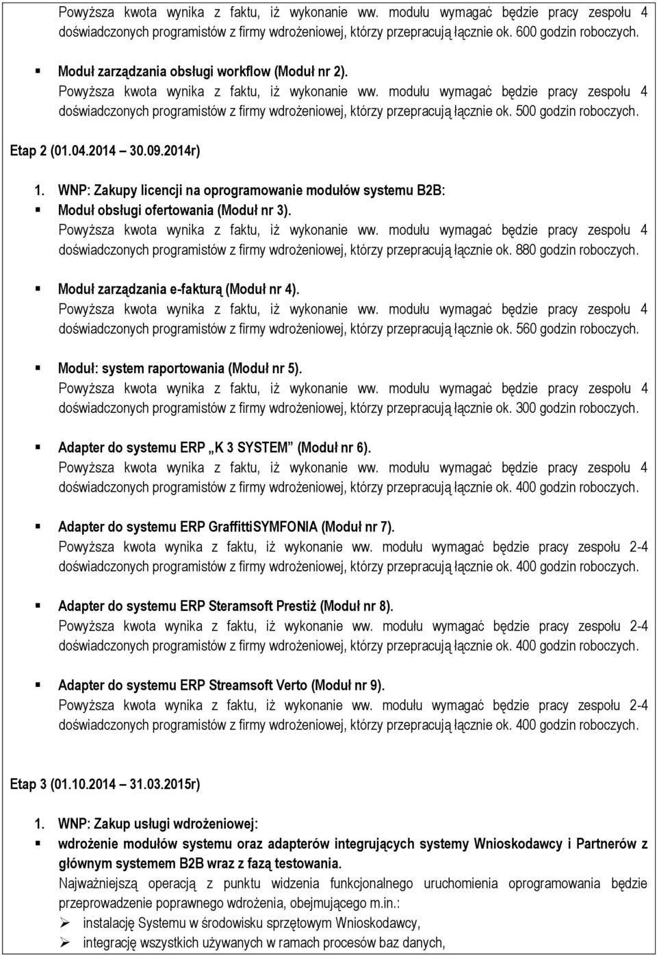 500 gdzin rbczych. Etap 2 (01.04.2014 30.09.2014r) 1. WNP: Zakupy licencji na prgramwanie mdułów systemu B2B: Mduł bsługi fertwania (Mduł nr 3). Pwyższa kwta wynika z faktu, iż wyknanie ww.