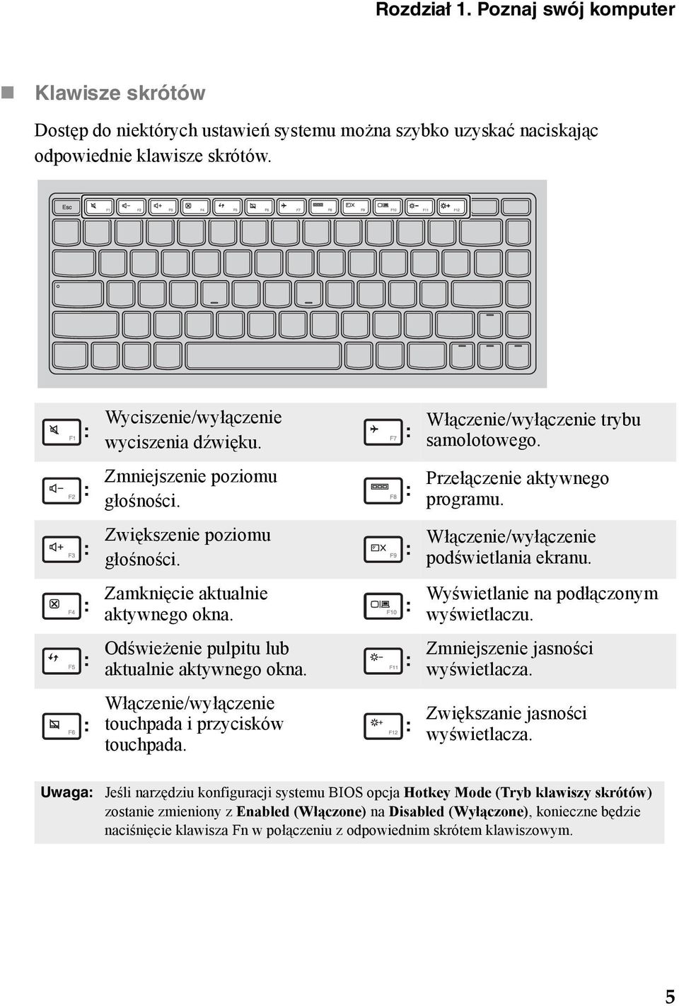 Włączenie/wyłączenie touchpada i przycisków touchpada. : : Włączenie/wyłączenie trybu samolotowego. Przełączenie aktywnego programu. : Włączenie/wyłączenie podświetlania ekranu.