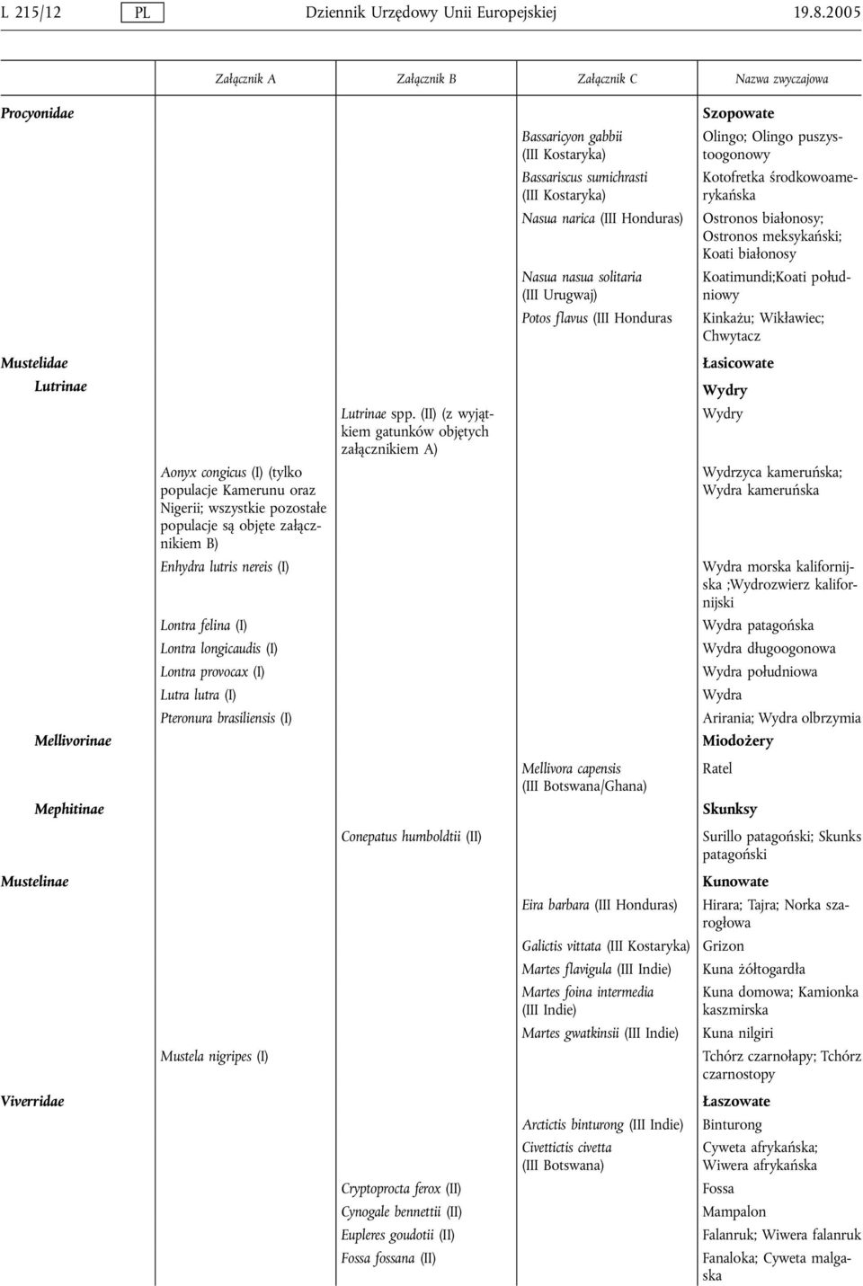Ostronos białonosy; Ostronos meksykański; Koati białonosy Nasua nasua solitaria (III Urugwaj) Potos flavus (III Honduras Koatimundi;Koati południowy Kinkażu; Wikławiec; Chwytacz Mustelidae Lutrinae